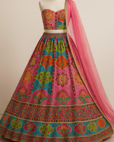 Light Pink Lehenga Style with Multicolour Position Print – Pure Crepe Fabric