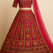 Rani Pink Lehenga Style in Multicolour Position Print Pure Crepe Fabric