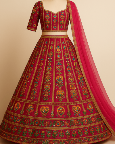 Rani Pink Lehenga Style in Multicolour Position Print Pure Crepe Fabric