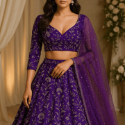 Purple lehenga style with heavy zari embroidery crepe fabric