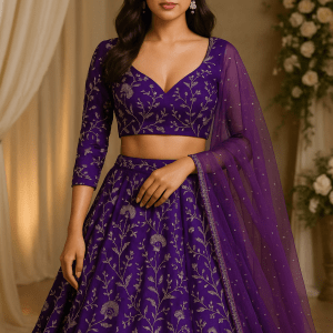 Purple lehenga style with heavy zari embroidery crepe fabric