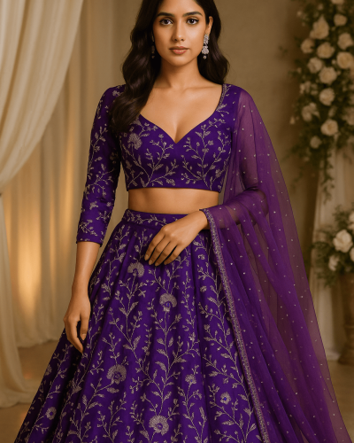 Purple lehenga style with heavy zari embroidery crepe fabric