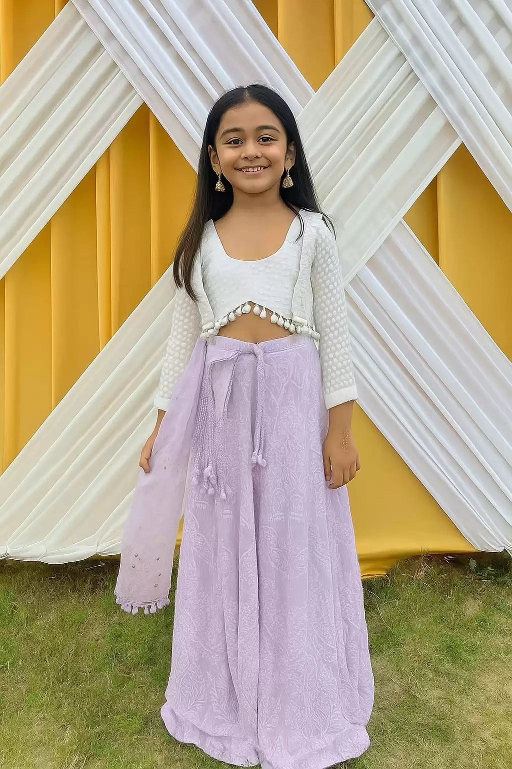 White Thread & Sequin Embroidery On Lemon Yellow Viscose Georgette Dungaree