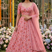 Baby pink lehenga style multicolour thread and sequin embroidery georgette fabric