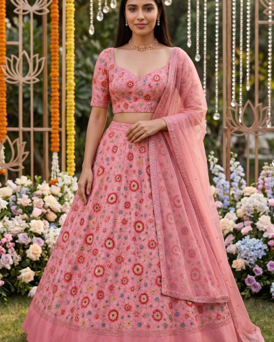 Baby pink lehenga style multicolour thread and sequin embroidery georgette fabric