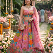 Light Pink Lehenga Style with Multicolour Position Print – Pure Crepe Fabric