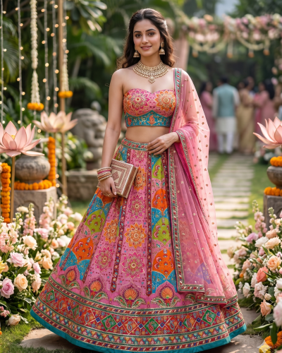 Light Pink Lehenga Style with Multicolour Position Print – Pure Crepe Fabric
