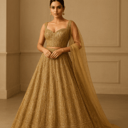 Lehenga Style With Glitter & Pearl Embellishment On Imported Rose Gold Net Fabric