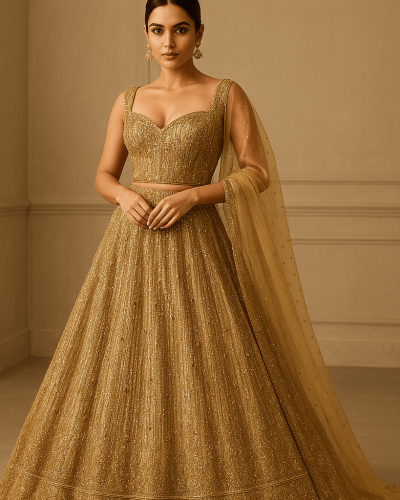 Lehenga Style With Glitter & Pearl Embellishment On Imported Rose Gold Net Fabric