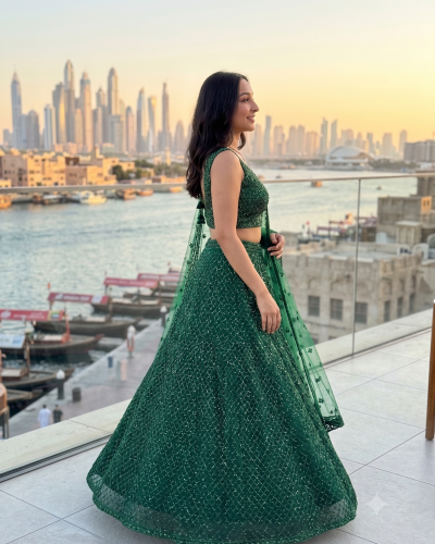 Bottle Green Lehenga Style With Hand Nalki Embroidery On Imported Net fabric