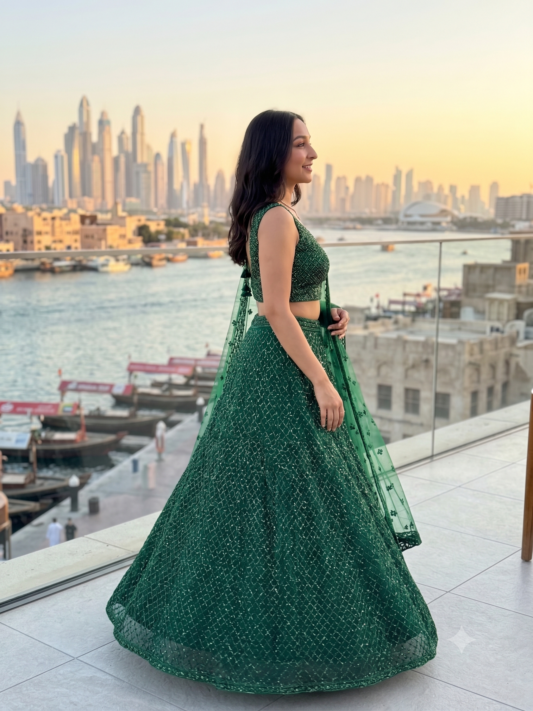 Bottle Green Lehenga Style With Hand Nalki Embroidery On Imported Net fabric