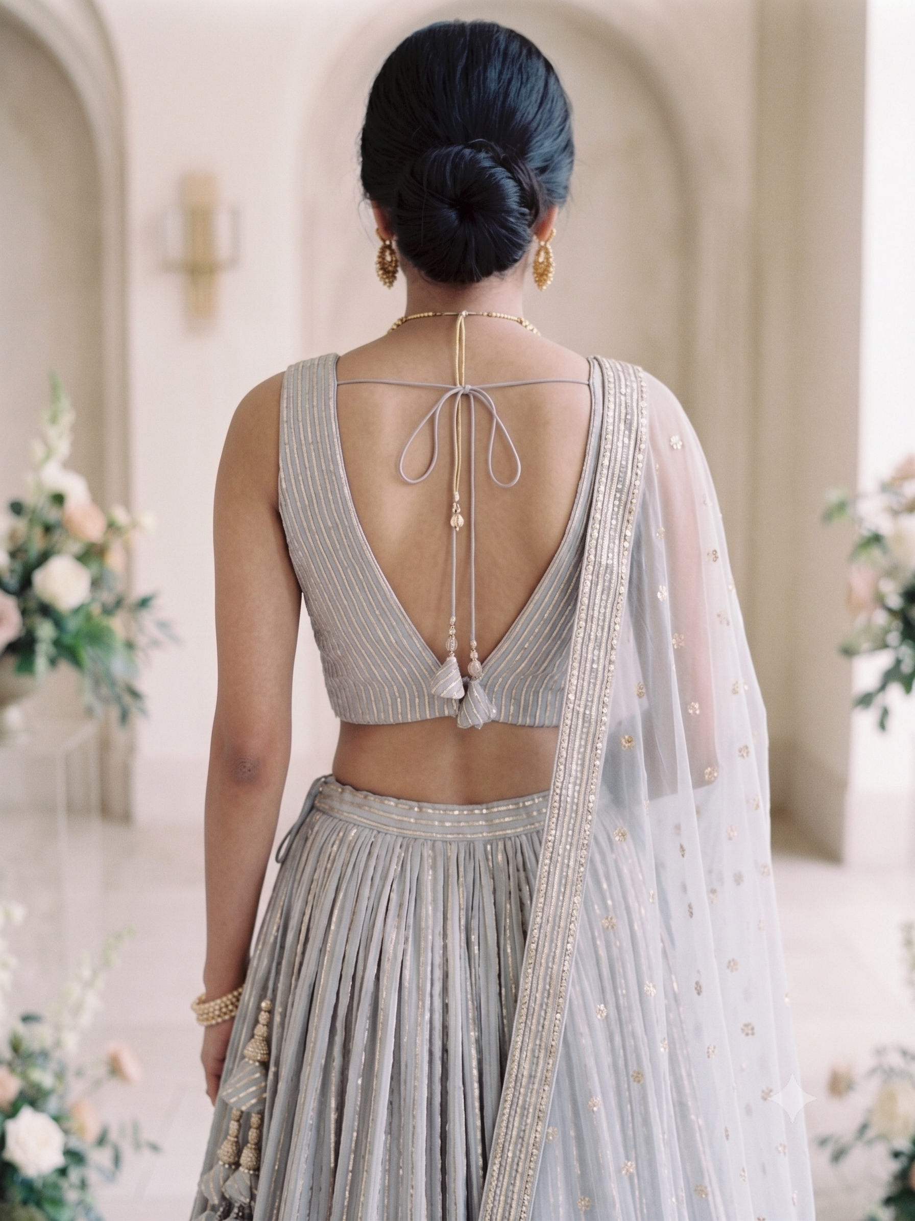 Lehenga Style With All Over Stripes Srquin Embroidery On Creme To Powder Blue Shaded Pure Georgette Fabric