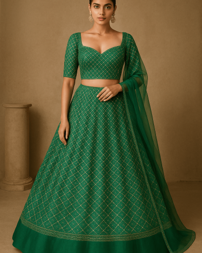 Bottle Green Lehenga Style With Hand Nalki Embroidery On Imported Net fabric