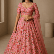 Baby pink lehenga style multicolour thread and sequin embroidery georgette fabric