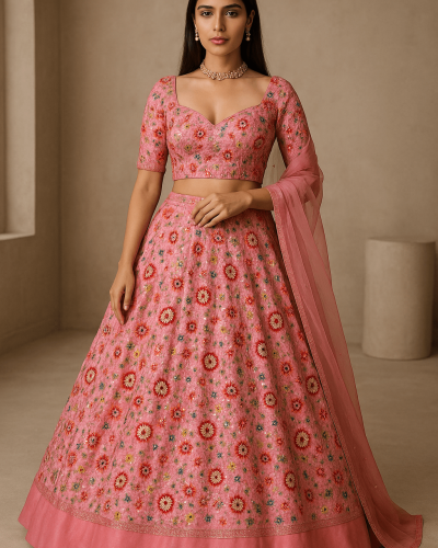 Baby pink lehenga style multicolour thread and sequin embroidery georgette fabric