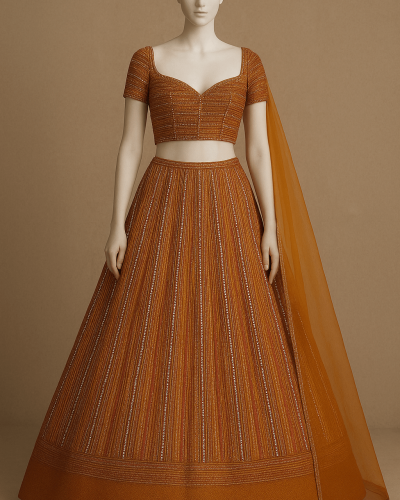 Yellow lehenga style with multicolour thread and sequin embroidery on georgette fabric