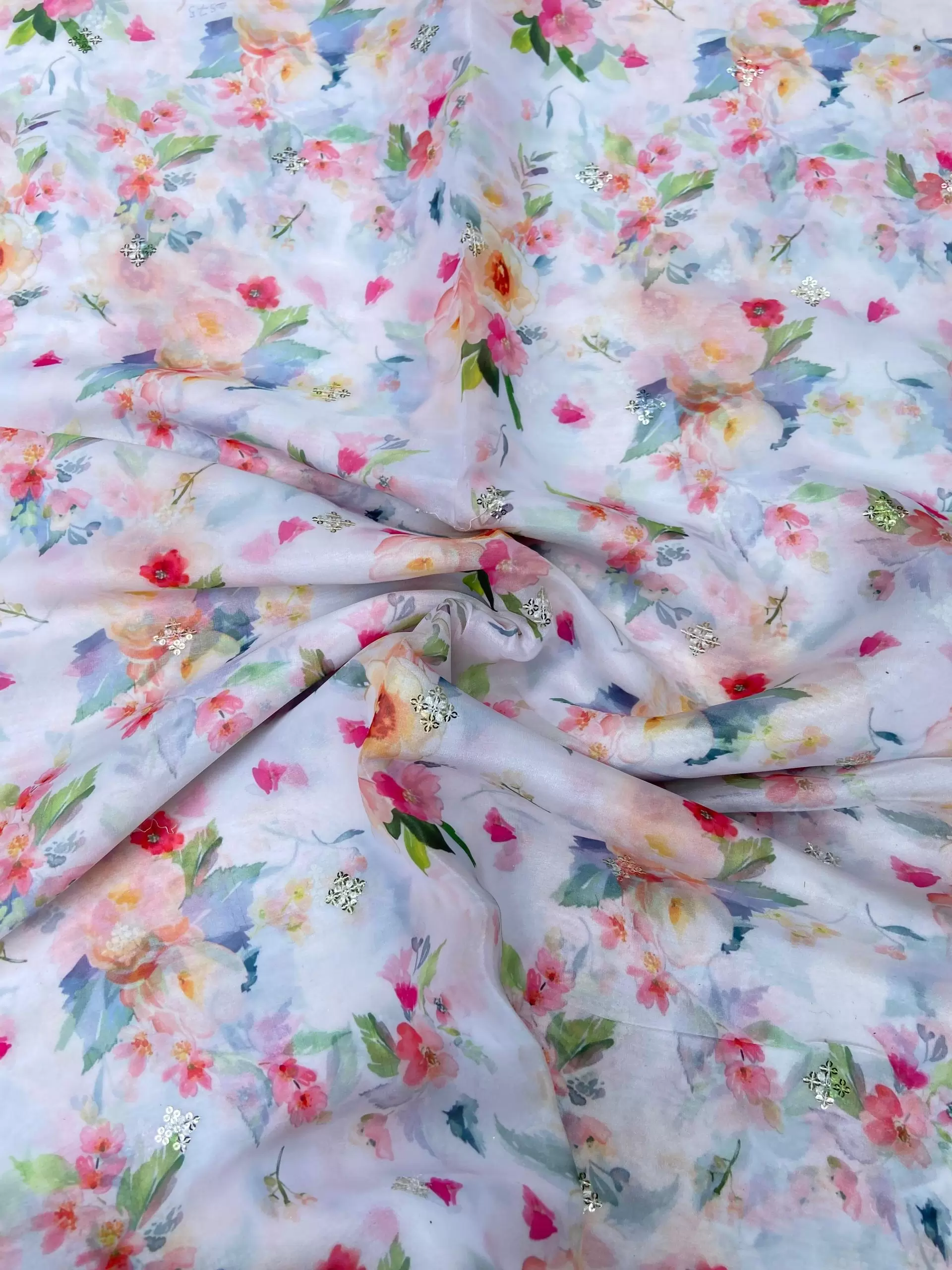 White Multicolour Print With Buti Work On Glass Organza Fabric