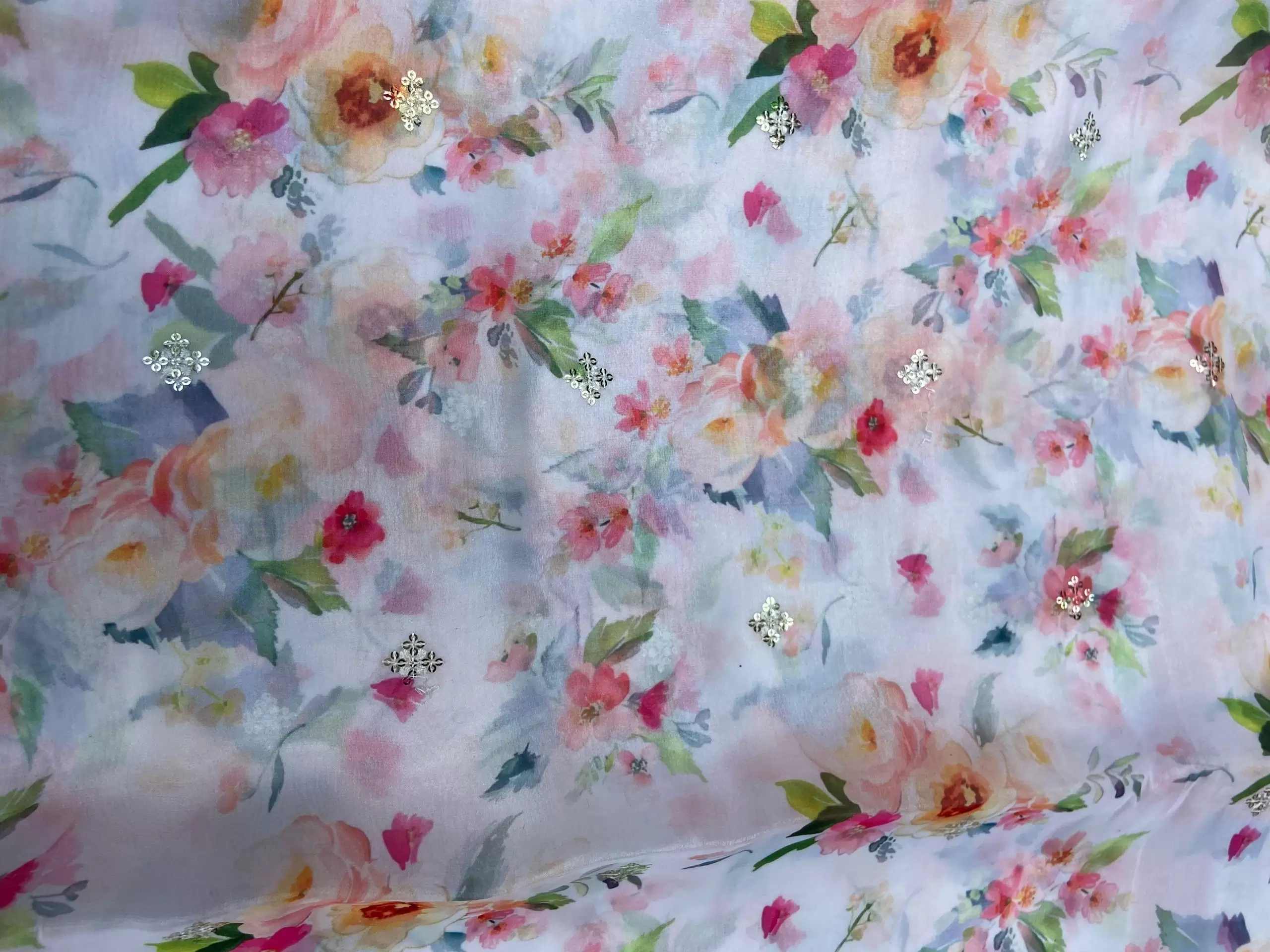 White Multicolour Print With Buti Work On Glass Organza Fabric