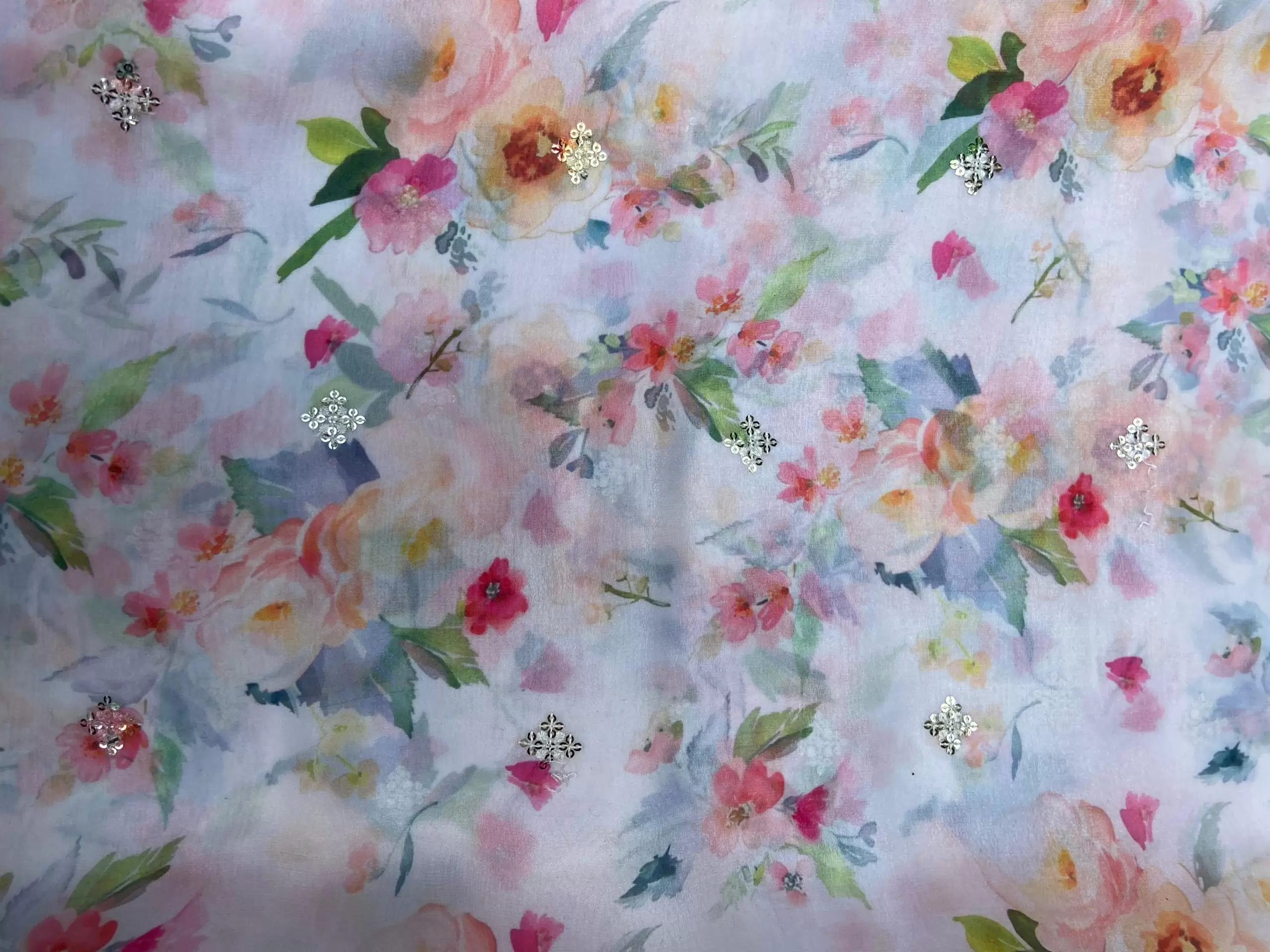 White Multicolour Print With Buti Work On Glass Organza Fabric