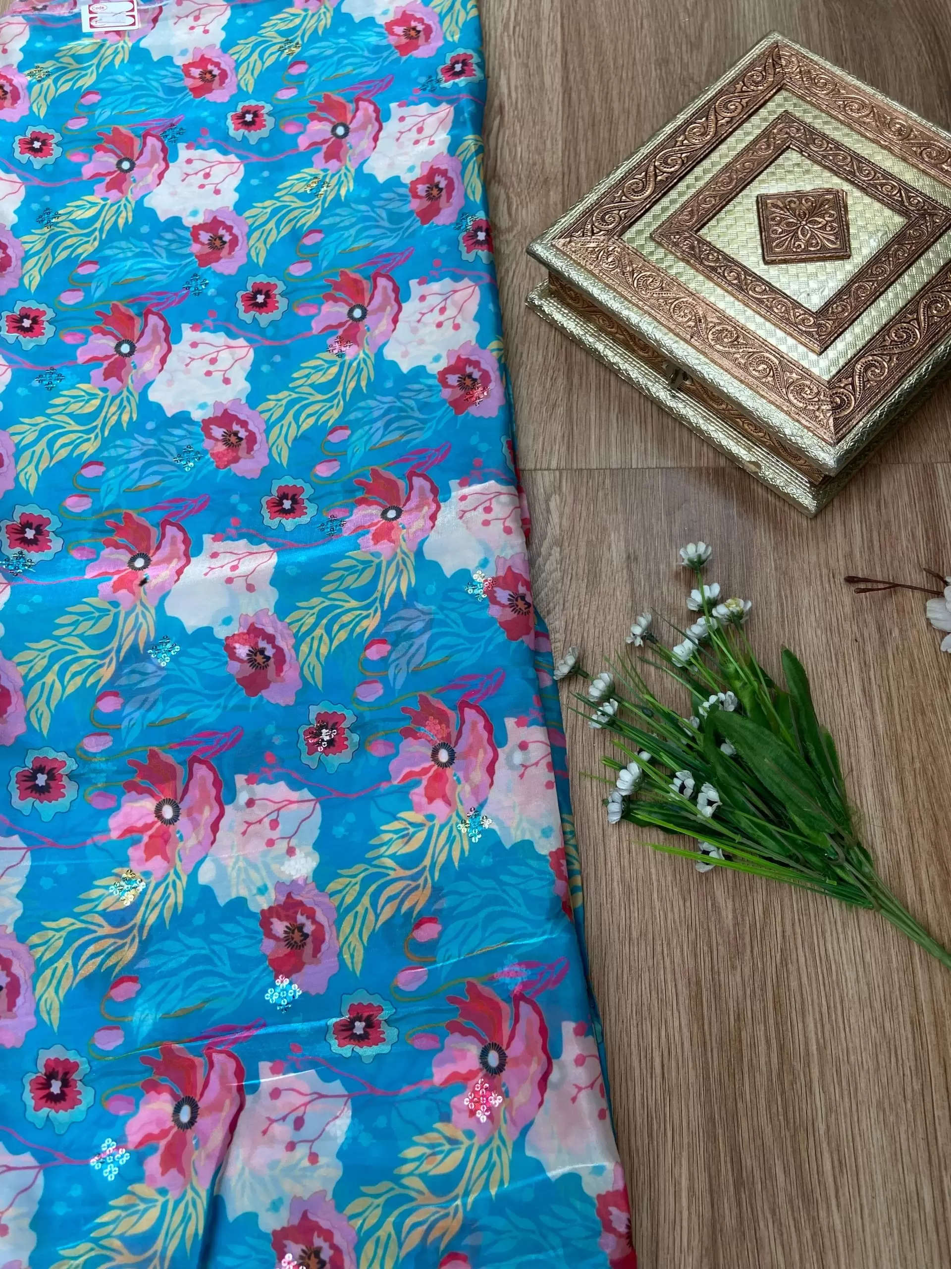 Sky Blue floral Print With Buti Work On Glass Organza Fabric