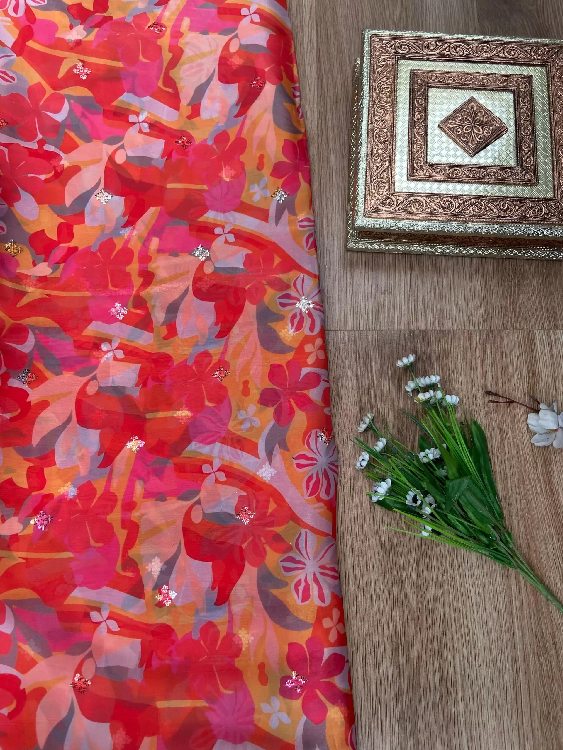 Orange floral Print With Buti Work On Glass Organza Fabric