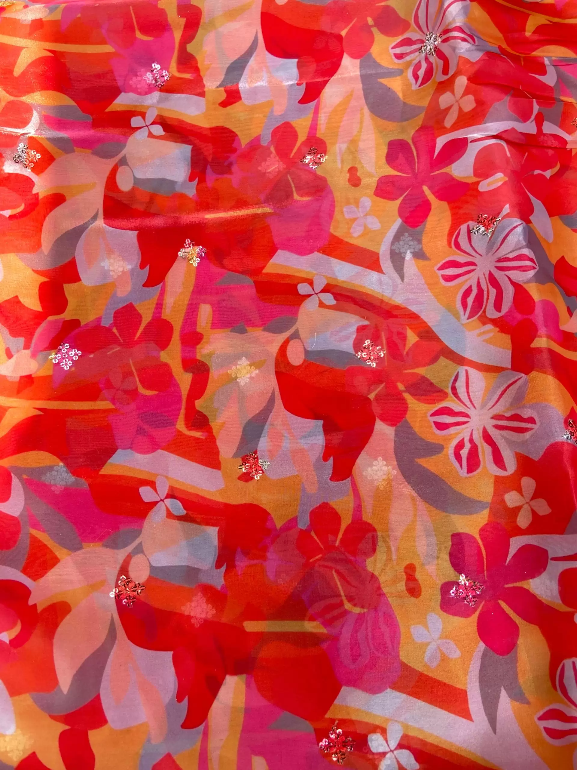 Orange floral Print With Buti Work On Glass Organza Fabric