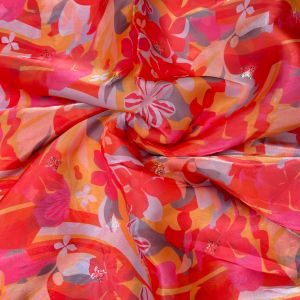 Orange floral Print With Buti Work On Glass Organza Fabric