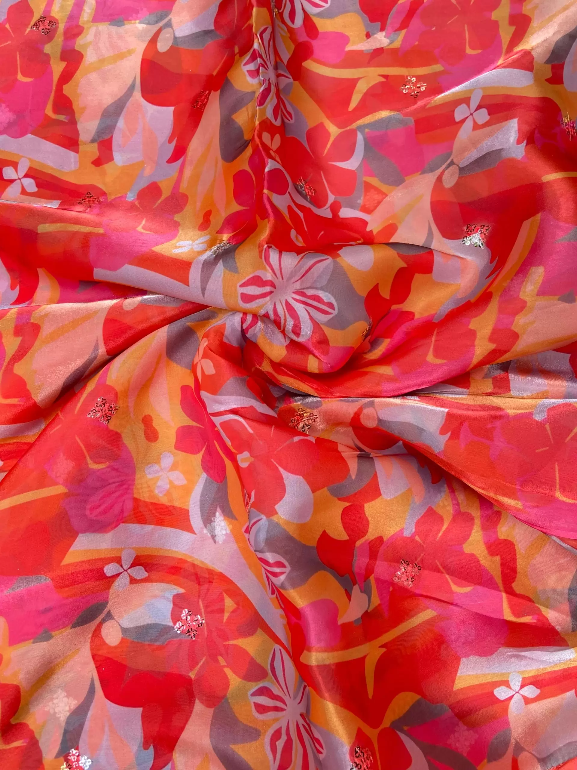 Orange floral Print With Buti Work On Glass Organza Fabric