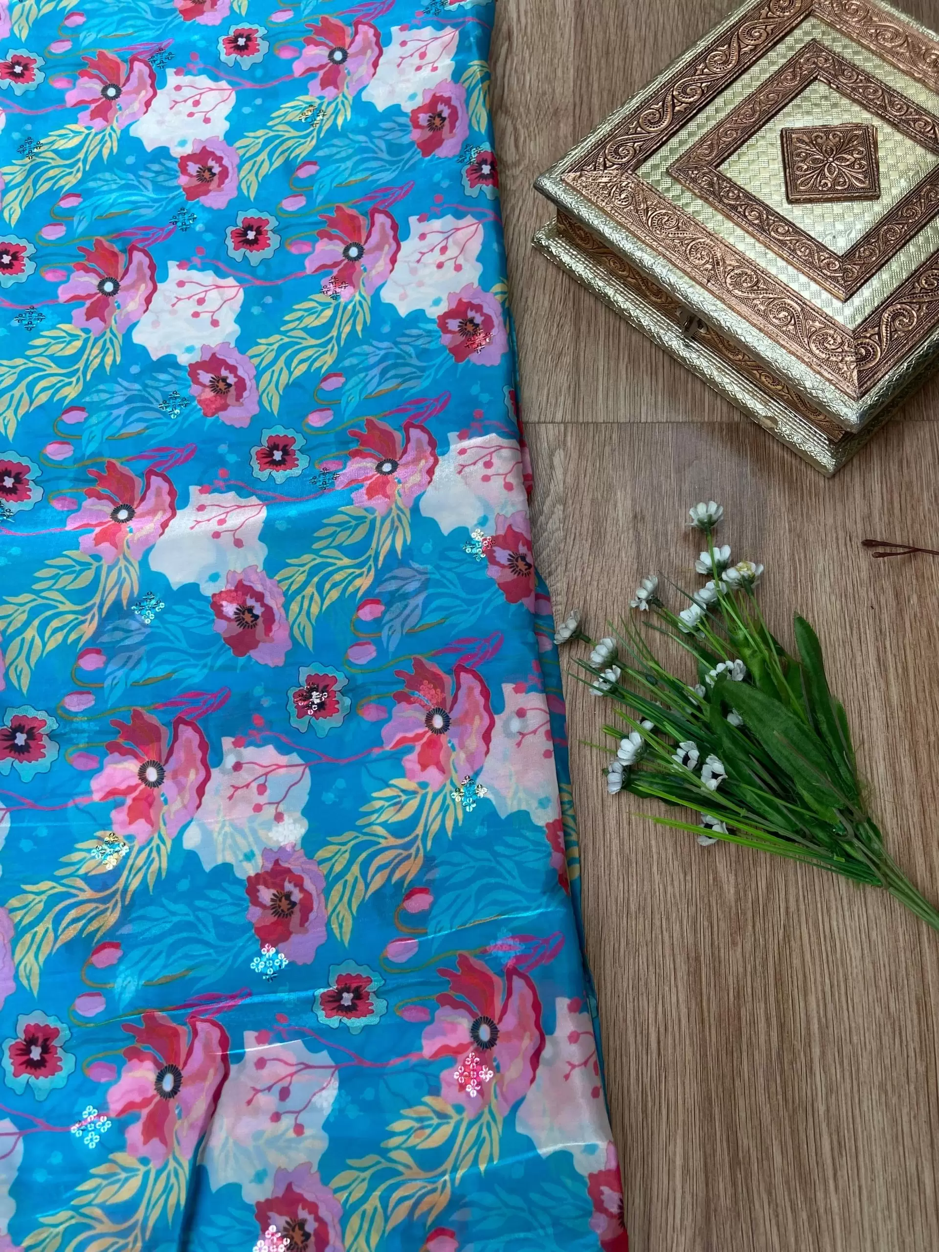 Sky Blue floral Print With Buti Work On Glass Organza Fabric