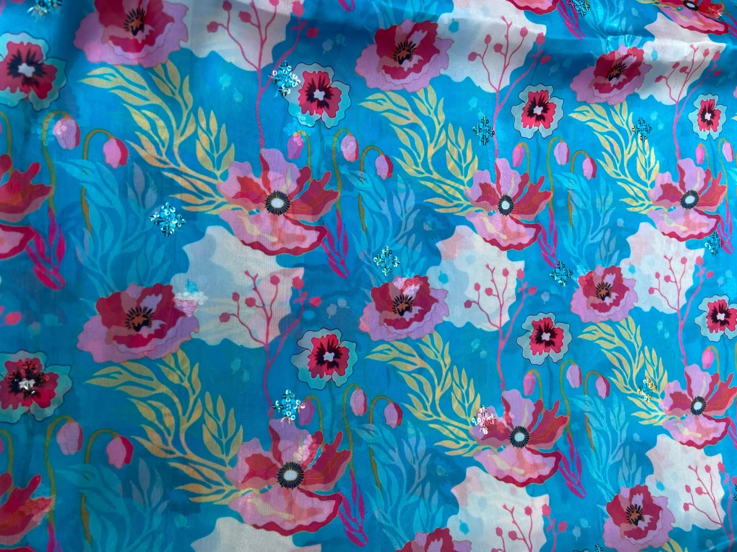 Sky Blue floral Print With Buti Work On Glass Organza Fabric