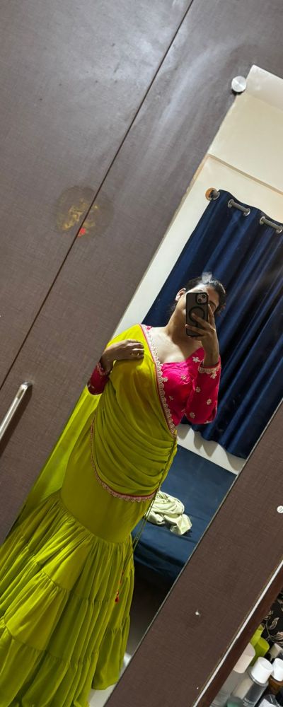 Green to rani pink Drape saree