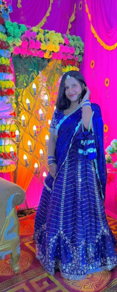 Blue organza satin with heavy daman style zari and sequin embroidery Lehenga set