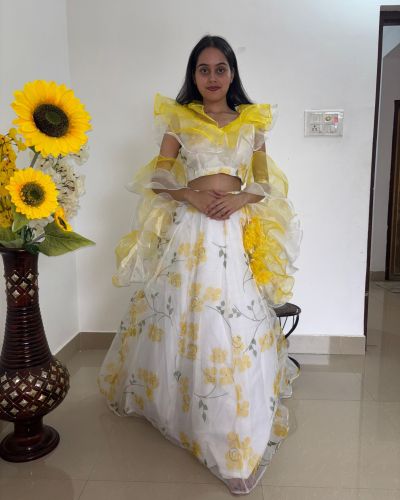 Lemon Yellow floral Print and Gold Foil Detailing Lehenga Set With Dupatta