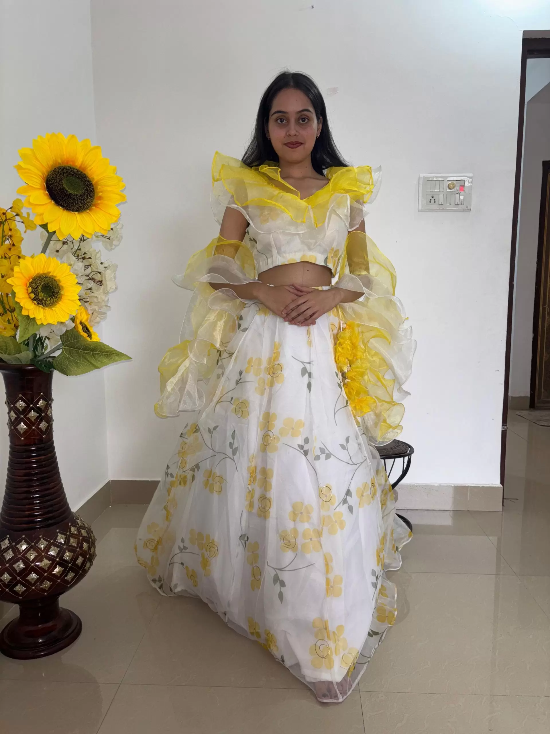 Lemon Yellow floral Print and Gold Foil Detailing Lehenga Set With Dupatta