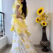 Lemon Yellow floral Print and Gold Foil Detailing Lehenga Set With Dupatta