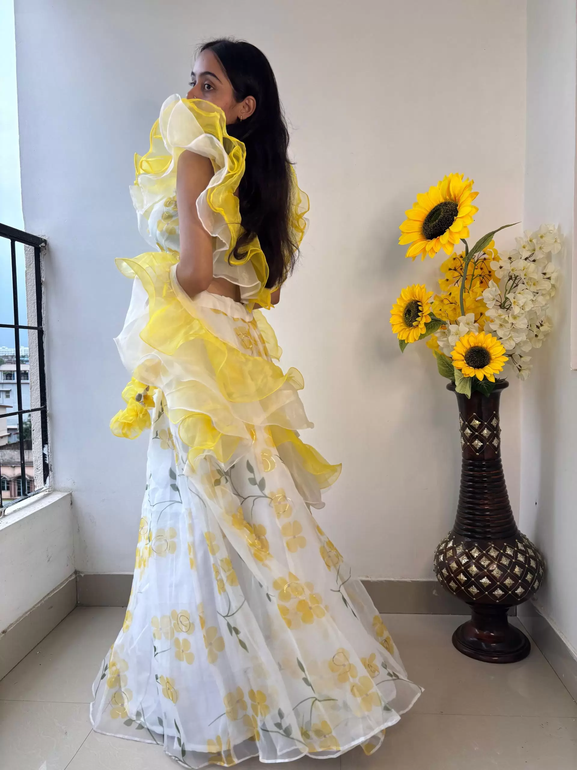 Lemon Yellow floral Print and Gold Foil Detailing Lehenga Set With Dupatta