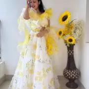 Lemon Yellow floral Print and Gold Foil Detailing Lehenga Set With Dupatta