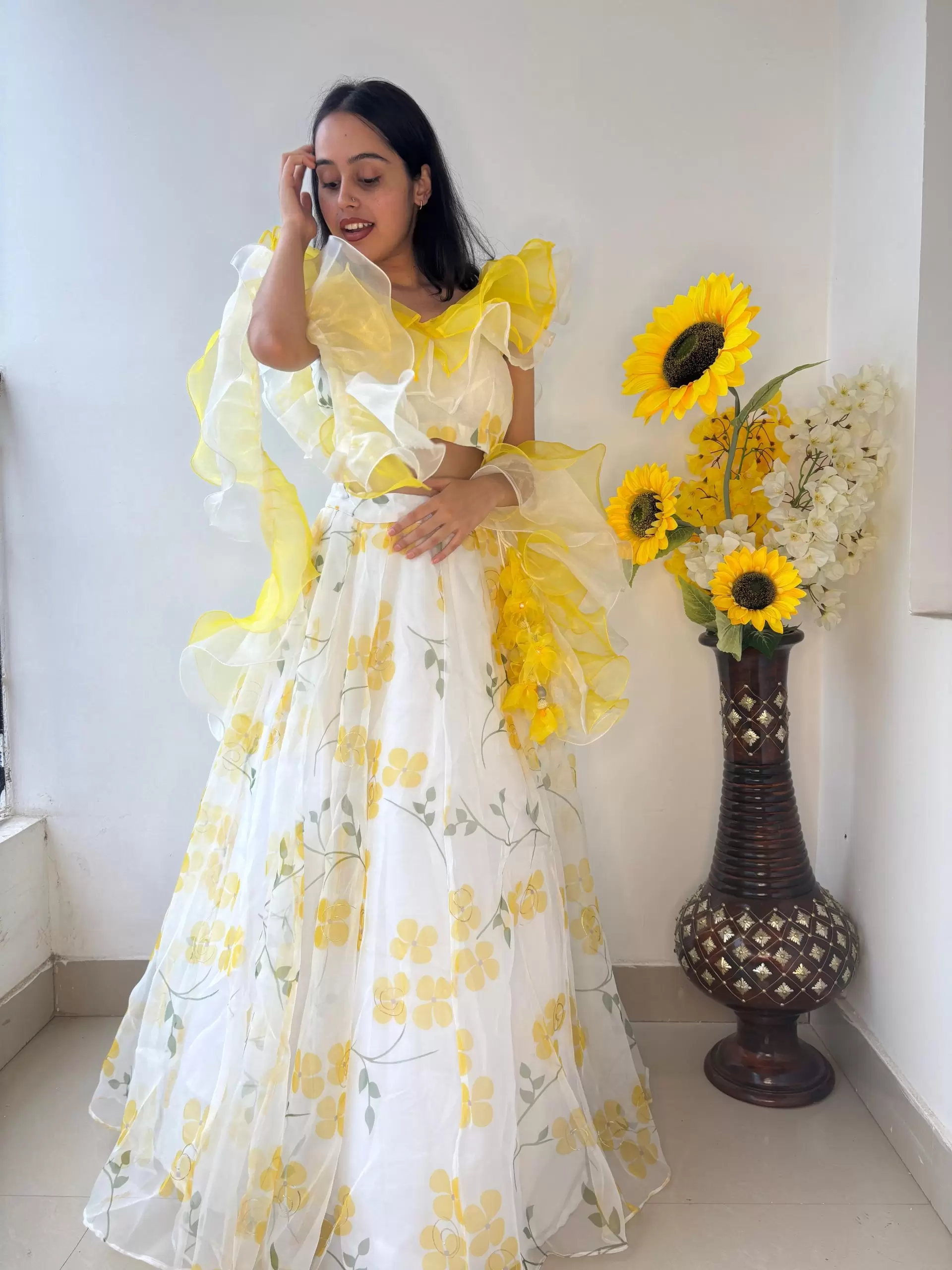 Lemon Yellow floral Print and Gold Foil Detailing Lehenga Set With Dupatta