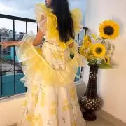 Lemon Yellow floral Print and Gold Foil Detailing Lehenga Set With Dupatta