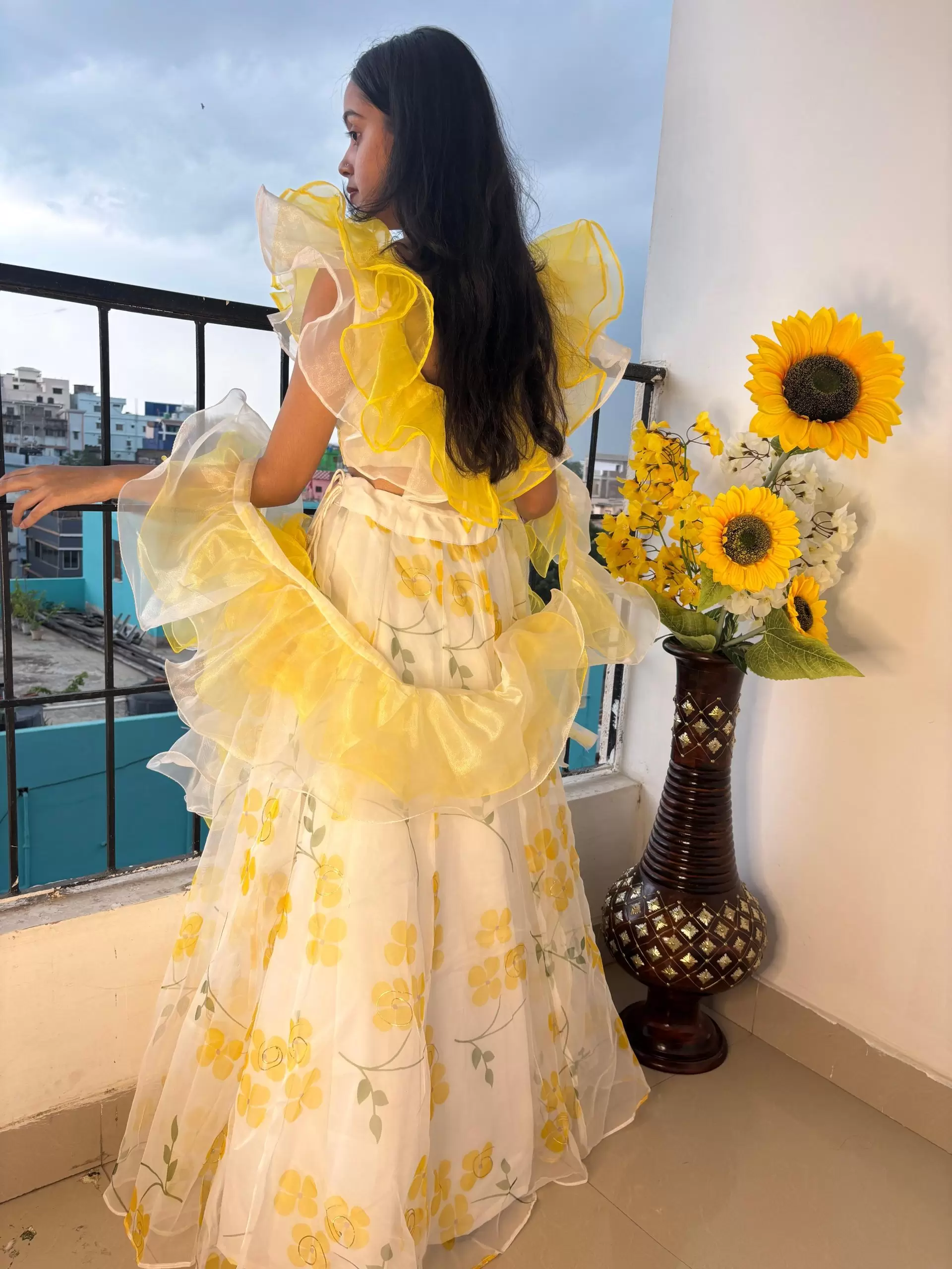 Lemon Yellow floral Print and Gold Foil Detailing Lehenga Set With Dupatta