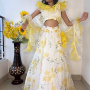 Lemon Yellow floral Print and Gold Foil Detailing Lehenga Set With Dupatta