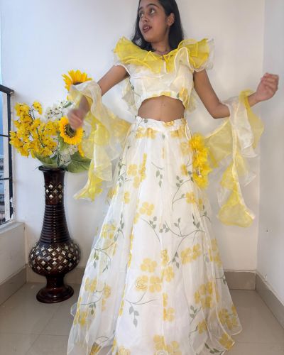 Lemon Yellow floral Print and Gold Foil Detailing Lehenga Set With Dupatta
