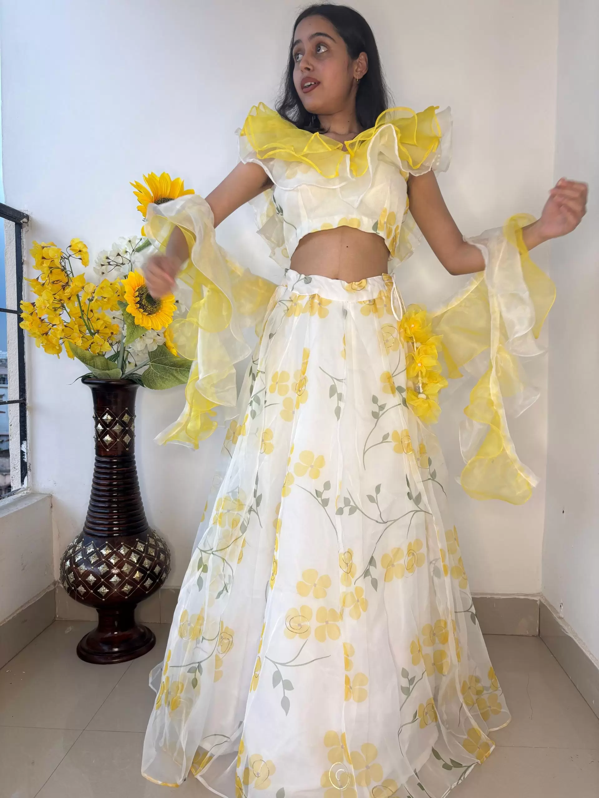 Lemon Yellow floral Print and Gold Foil Detailing Lehenga Set With Dupatta