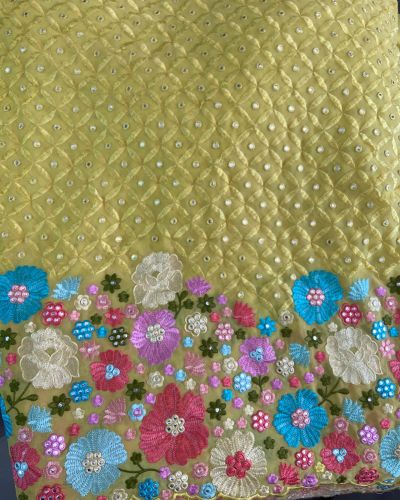 Bright Yellow Lehenga Style With Multicoloured Floral Pattern Mirror & Thread Embroidery Georgette Fabric”