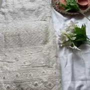 Gold zari embroidery with heavy border on white georgette fabric