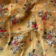 Multicolour Floral Thread and Sequin Embroidery on Yellow Pure Organza Fabri
