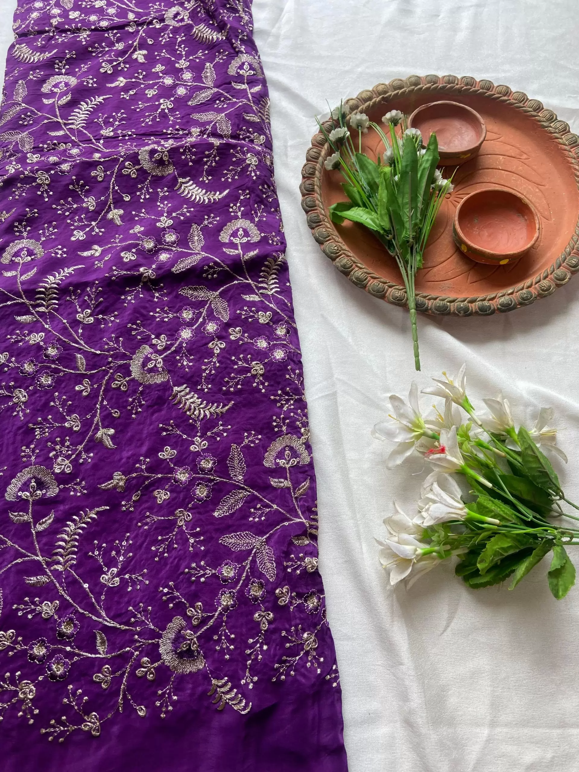 All over zari Embroidery in dark purple pure Crepe fabric