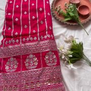 All Over Gold Sequin Embroidery With Heavy Border On Pink Georgette Fabric