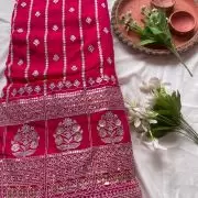 All Over Gold Sequin Embroidery With Heavy Border On Pink Georgette Fabric