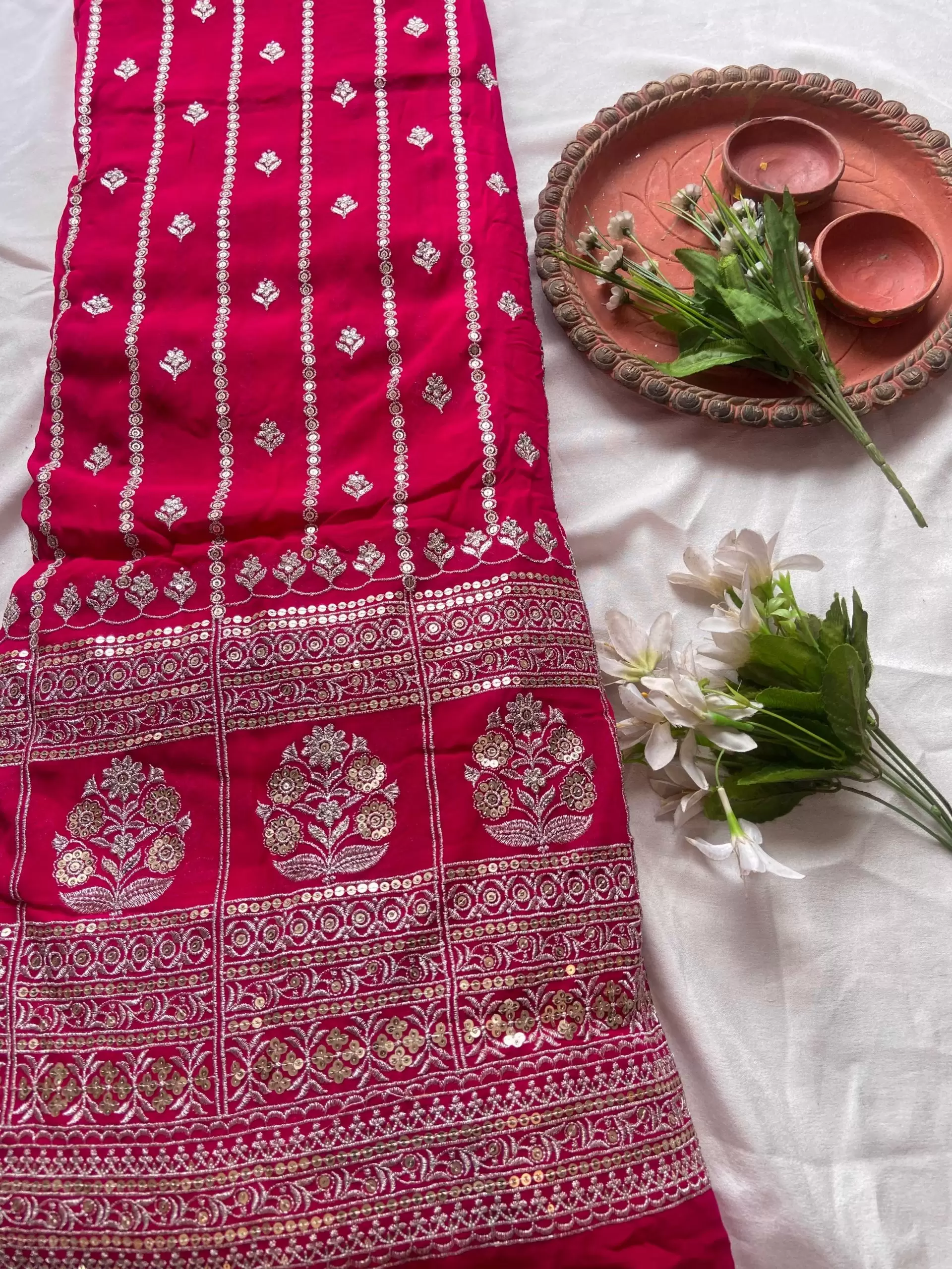 All Over Gold Sequin Embroidery With Heavy Border On Pink Georgette Fabric